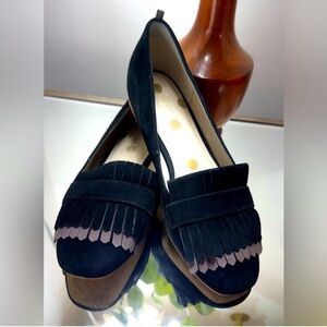 Boden Melody Black Suede Leather  Fringe Loafers
